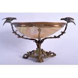 A 19TH CENTURY FRENCH PALAIS ROYALE MOTHER OF PEARL TWIN HANDLED BOWL overlaid with birds. 24 cm x 1