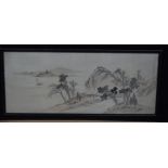 Framed Chinese silk village scene and lakes 31 x 78 cm