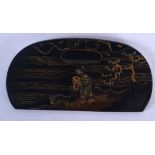 A 19TH CENTURY JAPANESE MEIJI PERIOD BLACK LACQUER DISH decorated with figures. 15 cm x 7 cm.