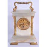 AN ANTIQUE MARBLE AND BRONZE MANTEL CLOCK with column supports. 25 cm high inc handle.