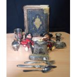 Miscellaneous collection of silver plate, a large bible and dolls Qty.