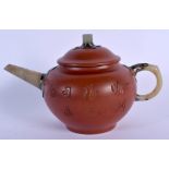 A CHINESE YIXING POTTERY JADE HANDLED TEAPOT AND COVER 20th Century. 15.5 cm wide.