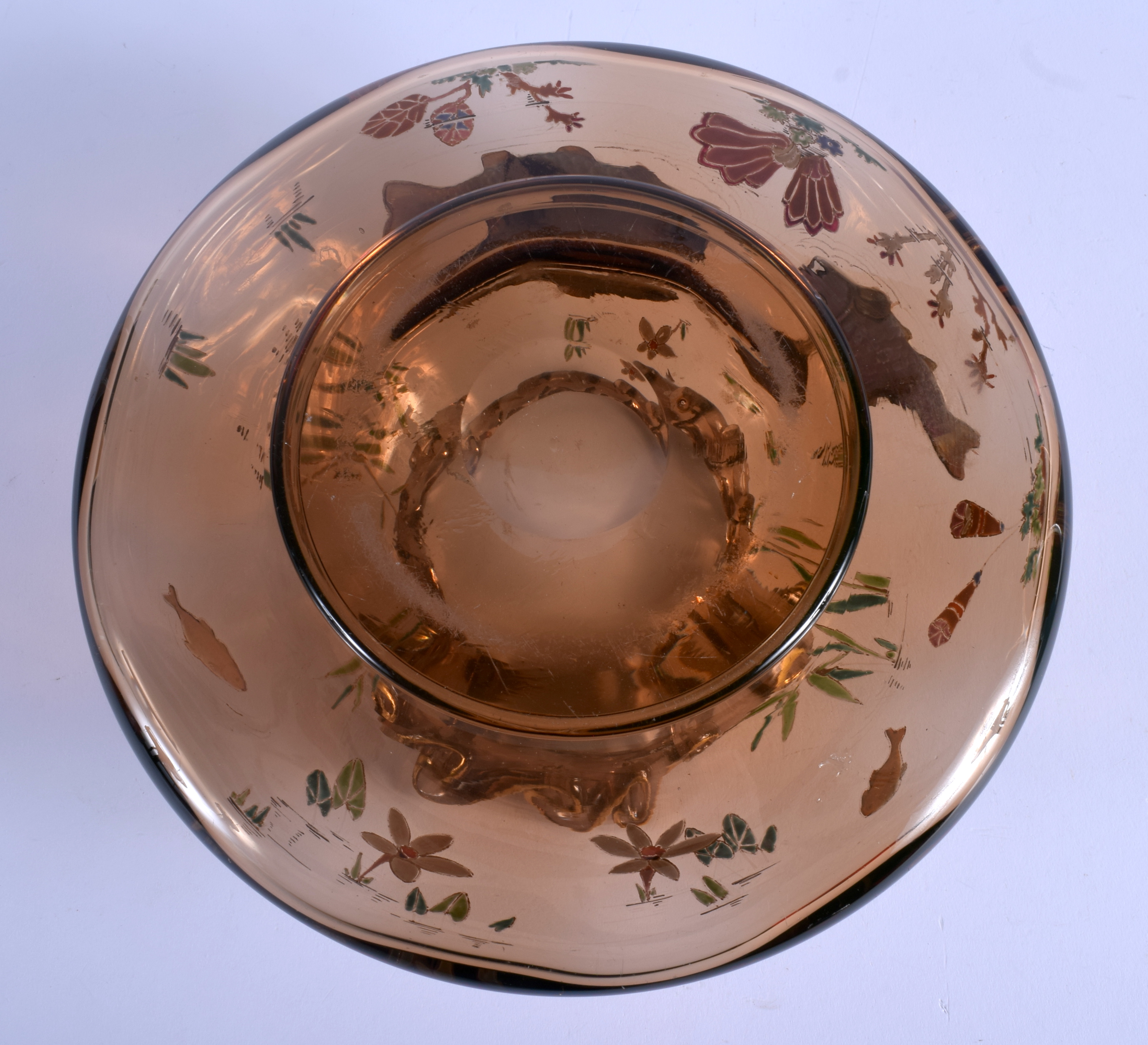 A LOVELY ART NOUVEAU ENAMELLED GLASS BOWL in the manner of Moser, decorated in relief with fish. 21 - Image 3 of 8
