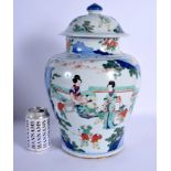 A LARGE 19TH CENTURY CHINESE WUCAI BLUE AND WHITE PORCELAIN JAR AND COVER Transitional style, painte