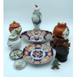 A collection of Oriental wares Imari plates, ginger jar, cloisonné etc (qty)