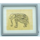 Framed Islamic Calligraphy painting of an Elephant 24 x 19cm.