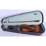 A SINGLE PIECE BACK VIOLIN with bow. 57 cm long. (2)