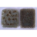 TWO EARLY 20TH CENTURY CHINESE CARVED JADE PLAQUES Late Qing. 5 cm diameter. (2)