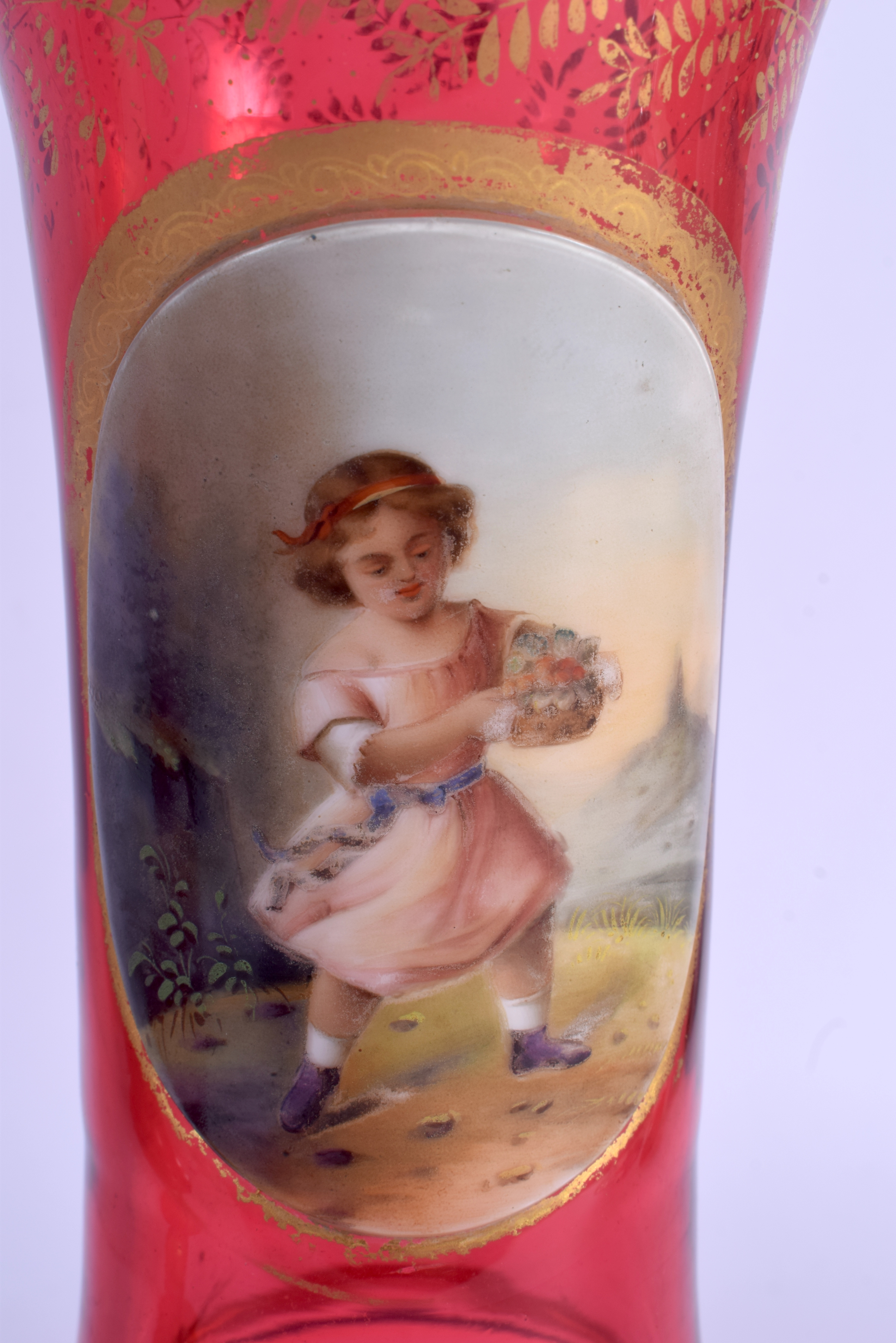 A PAIR OF 19TH CENTURY BOHEMIAN RUBY GLASS VASES painted with girls within landscapes. 27 cm high. - Image 3 of 4