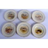 SIX ROYAL DOULTON PORCELAIN CABINET PLATES by Holloway, painted with birds and landscapes. 22 cm dia
