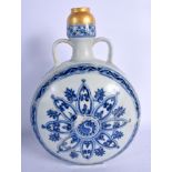 A CHINESE QING DYNASTY TWIN HANDLED BLUE AND WHITE PILGRIM FLASK painted with buddhistic emblems an