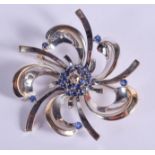 A LARGE 18CT GOLD WHITE DIAMOND AND SAPPHIRE FLOWER BROOCH. 25 grams. 6 cm x 6 cm.