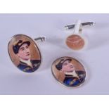 A PAIR OF SILVER AND ENAMEL JOCKEY CUFFLINKS. 11 grams. 2 cm x 1.5 cm.