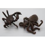 A Japanese small bronze Octopus together with a crab 6 cm (2).