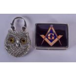 A SILVER OWL PADLOCK and a silver masonic box. Largest 4 cm x 2.5 cm (2)