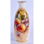 Royal Worcester vase painted with fruit by Roberts shape 2491, black mark. 14.5cm high.