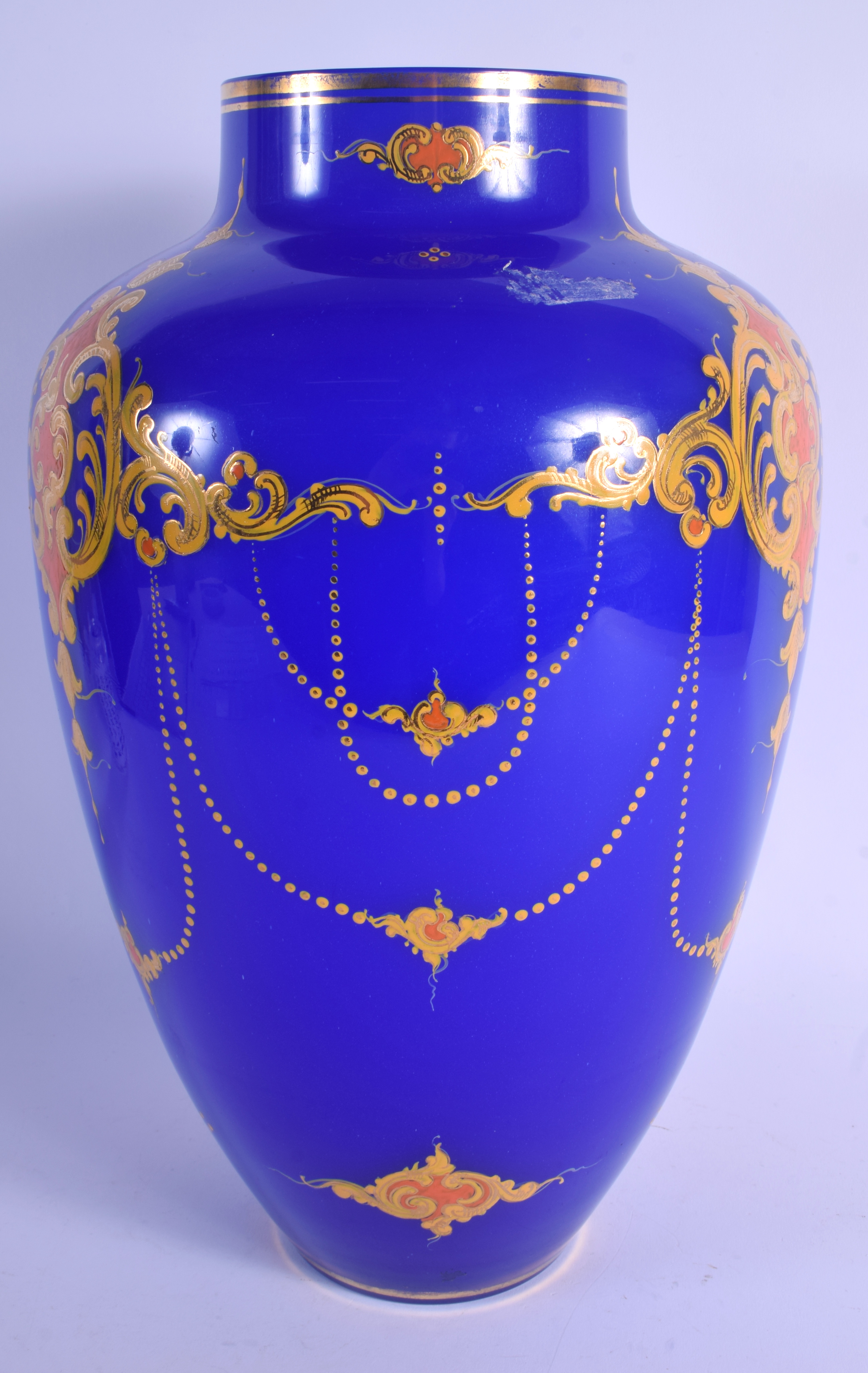 A LARGE TURKISH OTTOMAN BLUE GLASS VASE enamelled with motifs. 39 cm x 18 cm. - Image 2 of 3