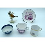 A small porcelain model by Karl Ens of a crested Tit together with a Worcester tea bowl etc .largest