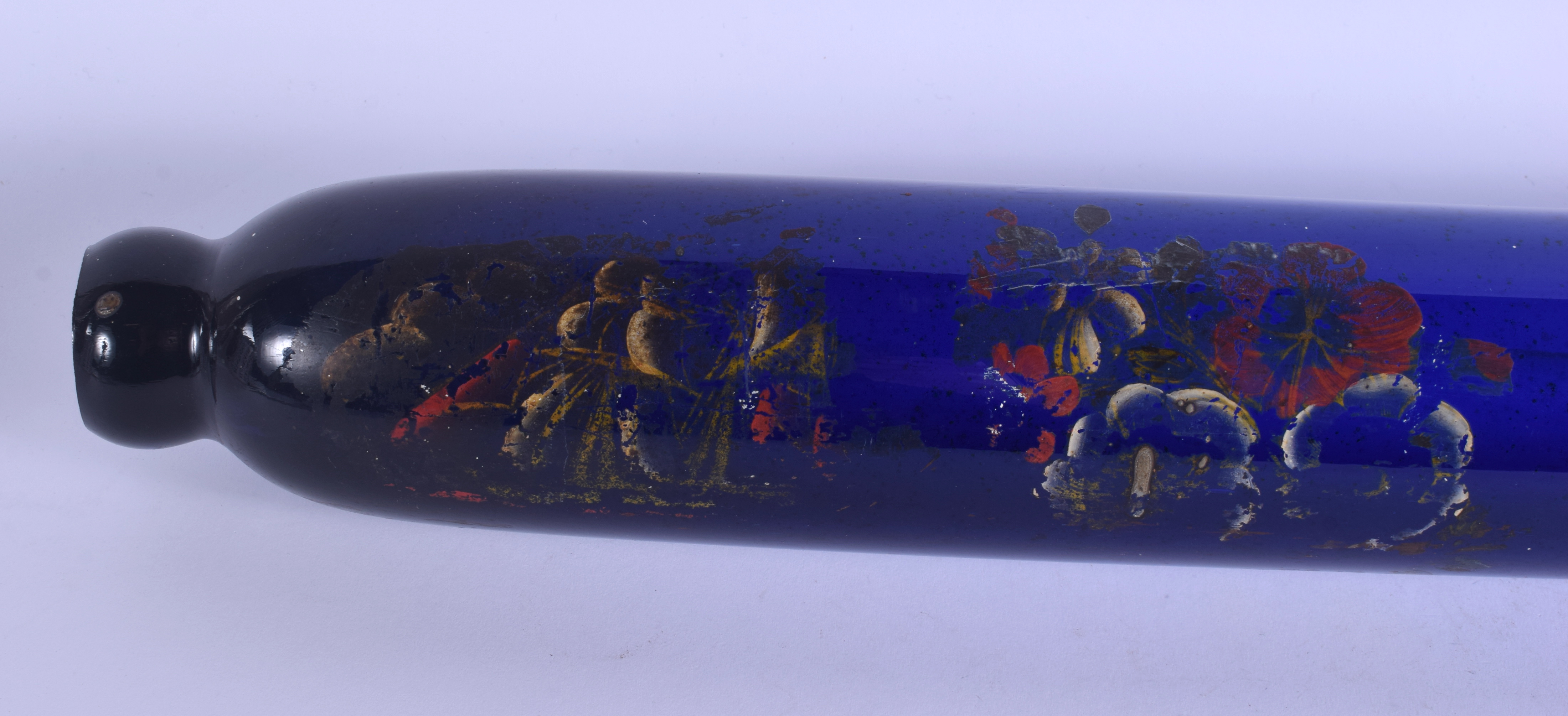 A LONG ANTIQUE BRISTOL BLUE ROLLING PIN painted with flowers. 68 cm long. - Image 2 of 4