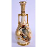 Royal Worcester two handled vase painted and gilded with a kingfisher by Charley Baldwyn, too early