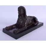 A 19TH CENTURY EGYPTIAN REVIVAL FRENCH BRONZE GRAND TOUR FIGURE OF A SPHINX upon a marble base. 26 c
