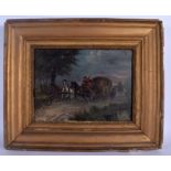 European School (19th Century) Oil on board, runaway carriage with highway man. Image 30 cm x 24 cm.