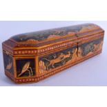 AN UNUSUAL INDIAN PERSIAN WOODEN PAINTED PEN BOX. 30 cm wide.