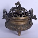 A LARGE 19TH CENTURY CHINESE TWIN HANDLED BRONZE CENSER AND COVER Qing, decorated with figures and l