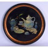 A LONDON DECORATED PAINTED TOLEWARE TRAY. 47 cm diameter.