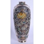 A MAJESTIC 19TH CENTURY JAPANESE MEIJI PERIOD SILVER AND ENAMEL RETICULATED VASE decorated with open