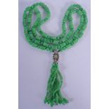 AN 18CT GOLD WHITE GOLD DIAMOND AND JADE NECKLACE. 199 grams. 114 cm long.