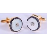 A PAIR OF 14CT GOLD ENAMEL AND DIAMOND CUFFLINKS. 8 grams. 1.5 cm wide.