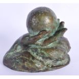 AN UNUSUAL MID CENTURY CONTINENTAL BRONZE FIGURE OF A HAND modelled clutching a globe. 12 cm x 10 cm