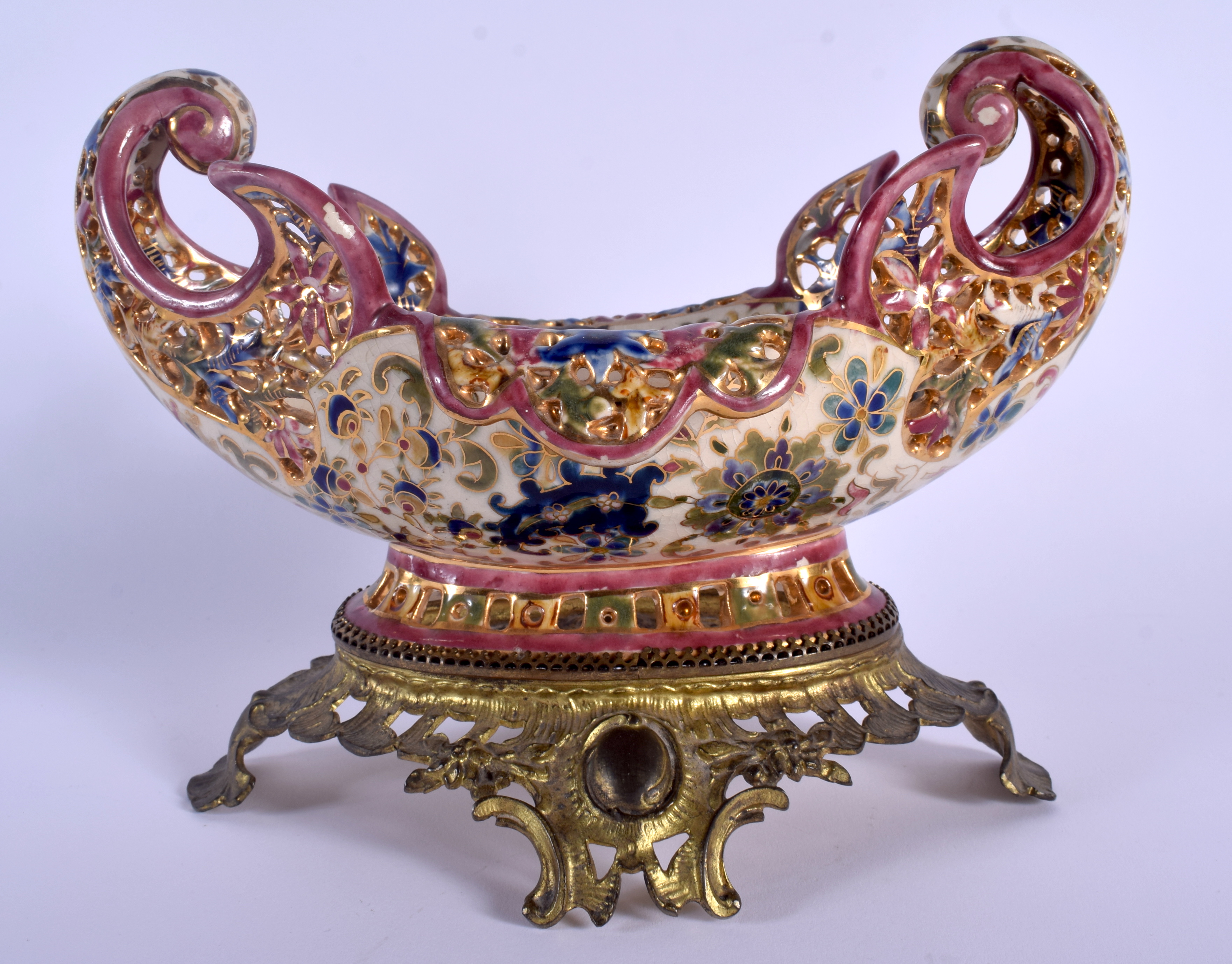 A 19TH CENTURY HUNGARIAN FISCHER POTTERY BOWL upon a gilt metal base. 24 cm x 18 cm. - Image 2 of 5