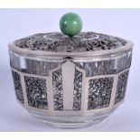 A 19TH CENTURY CHINESE SILVER MOUNTED JADEITE BOWL AND COVER Qing. 11 cm diameter.