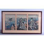 A 19TH CENTURY JAPANESE MEIJI PERIOD WOODBLOCK TRIPTYCH depicting figures in various pursuits. Each