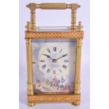 A RARE 19TH CENTURY FRENCH BRASS CARRIAGE CLOCK painted with figures on horse back. 15 cm high inc h