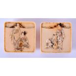 A PAIR OF 19TH CENTURY JAPANESE MEIJI PERIOD IVORY TOGGLES carved with geisha. 3.5 cm square.