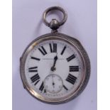 AN ANTIQUE SILVER POCKET WATCH. 5.25 cm diameter.