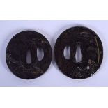TWO 19TH CENTURY JAPANESE MEIJI PERIOD GOLD AND SILVER ONLAID TSUBA decorated with scholars within l