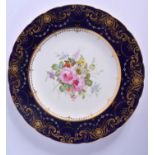 ROYAL CROWN DERBY PLATE painted with flowers by Cuthbert Gresley, signed, under a cobalt blue border