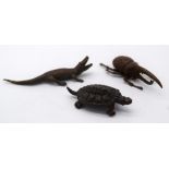 A Japanese small bronze turtle, together with a crocodile and a beetle largest 9cm (3)