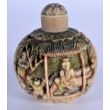 A SMALLER 19TH CENTURY CHINESE CARVED POLYCHROMED BONE SNUFF BOTTLE AND STOPPER Qing, decorated wit