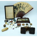 Miscellaneous group of Oriental small glass screen, bamboo pot, fan , jade etc. (Qty)