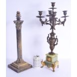 A LARGE ANTIQUE SILVER PLATED CANDLESTICK LAMP together with a French candelabra Largest 54 cm high.