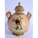 Royal Worcester two handled blush ivory vase and cover with green highlights painted with flowers sh