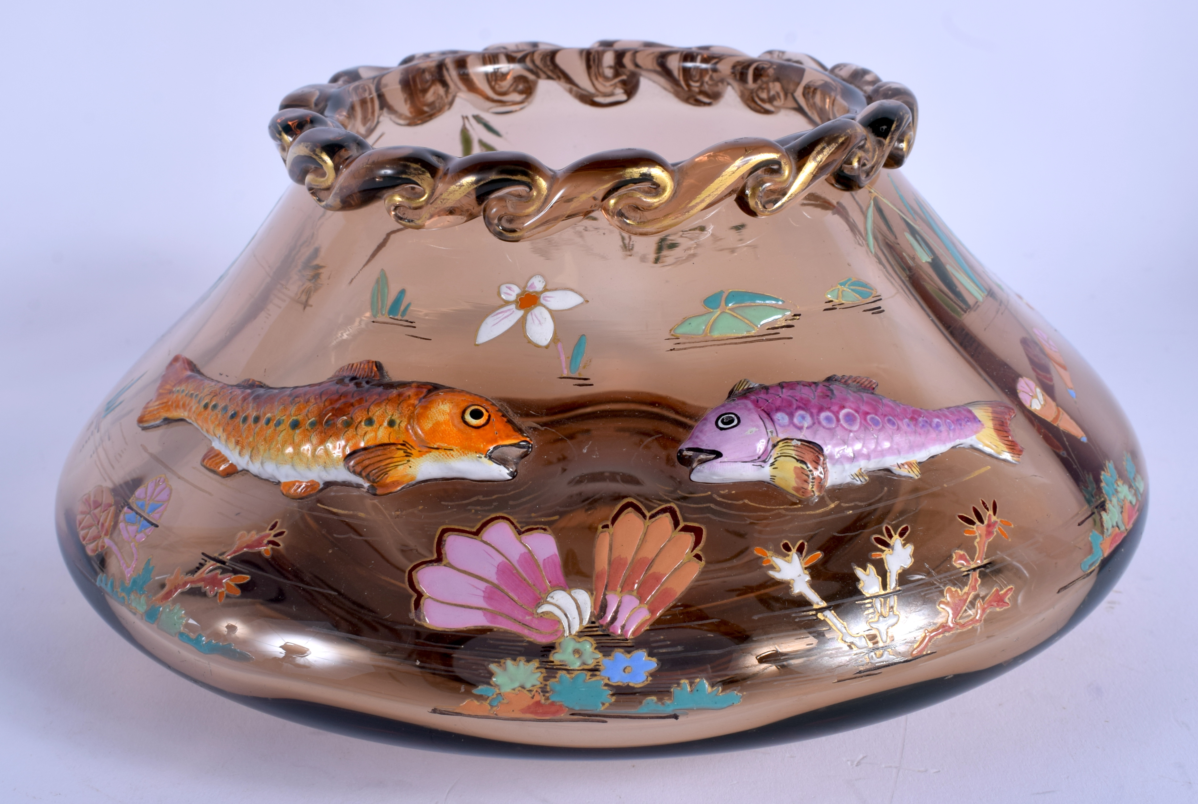 A LOVELY ART NOUVEAU ENAMELLED GLASS BOWL in the manner of Moser, decorated in relief with fish. 21