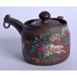 A 19TH CENTURY JAPANESE MEIJI PERIOD ENAMELLED YIXING TERRACOTTA TEAPOT painted with birds. 11 cm wi