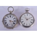 TWO ANTIQUE SILVER POCKET WATCH. 5 cm diameter. (2)