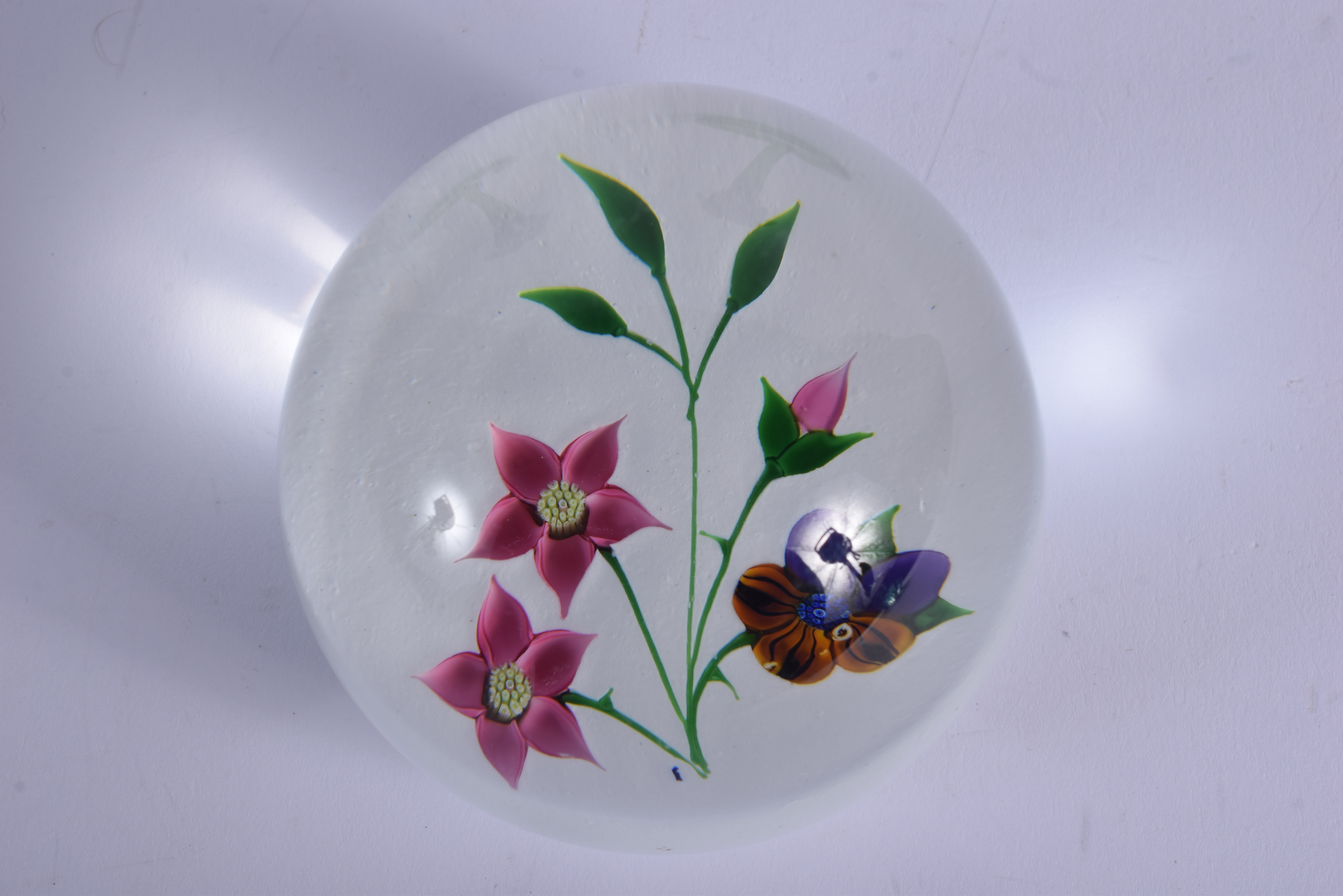A CAITHNESS WHITEFRIARS OPALINE GLASS PAPERWEIGHT together with a pair of flower vases. Largest 16.5 - Image 2 of 3